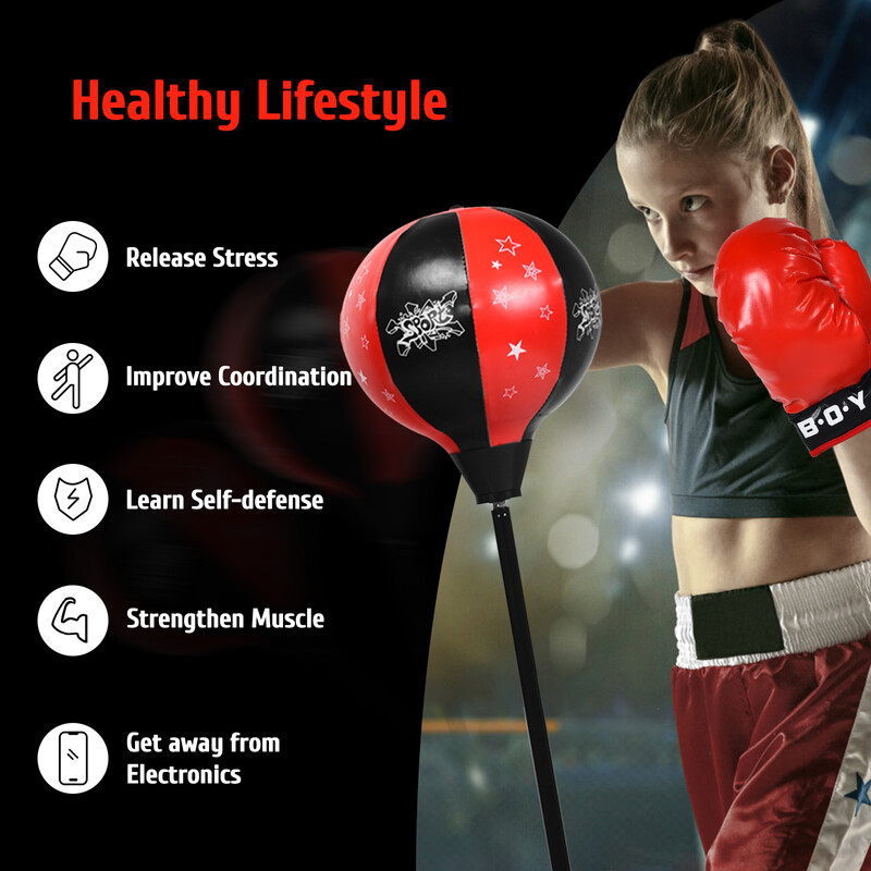 Justerbar boksebold af PU‑læder til børn med stativ og handsker
