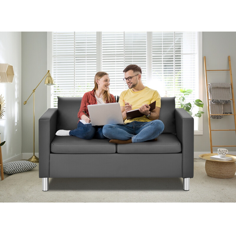 Grå tosidet sofa i PU-læder med træramme og puder 120x60 cm