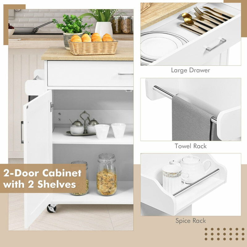 Køkkenserveringsbord hvid MDF træ 116x40x85 cm med justerbar hylde og fire hjul