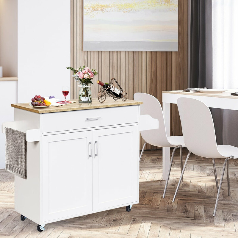 Køkkenserveringsbord hvid MDF træ 116x40x85 cm med justerbar hylde og fire hjul