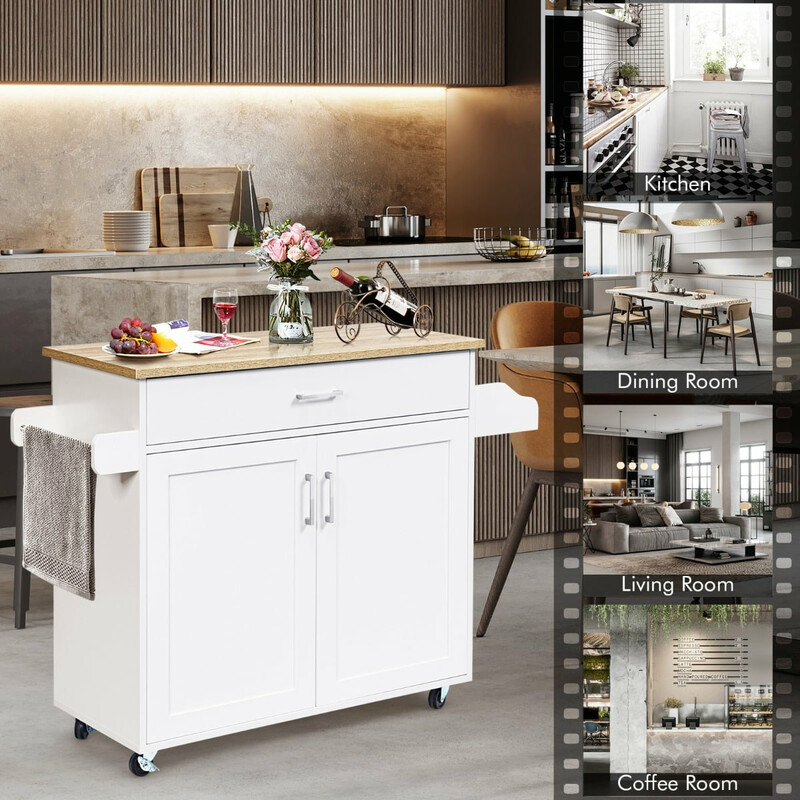 Køkkenserveringsbord hvid MDF træ 116x40x85 cm med justerbar hylde og fire hjul