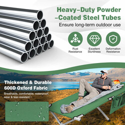 Sammenklappelig grøn camping-seng i Oxford-stof 190x73 cm med sidelomme og bæretaske