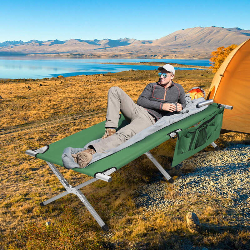 Sammenklappelig grøn camping-seng i Oxford-stof 190x73 cm med sidelomme og bæretaske