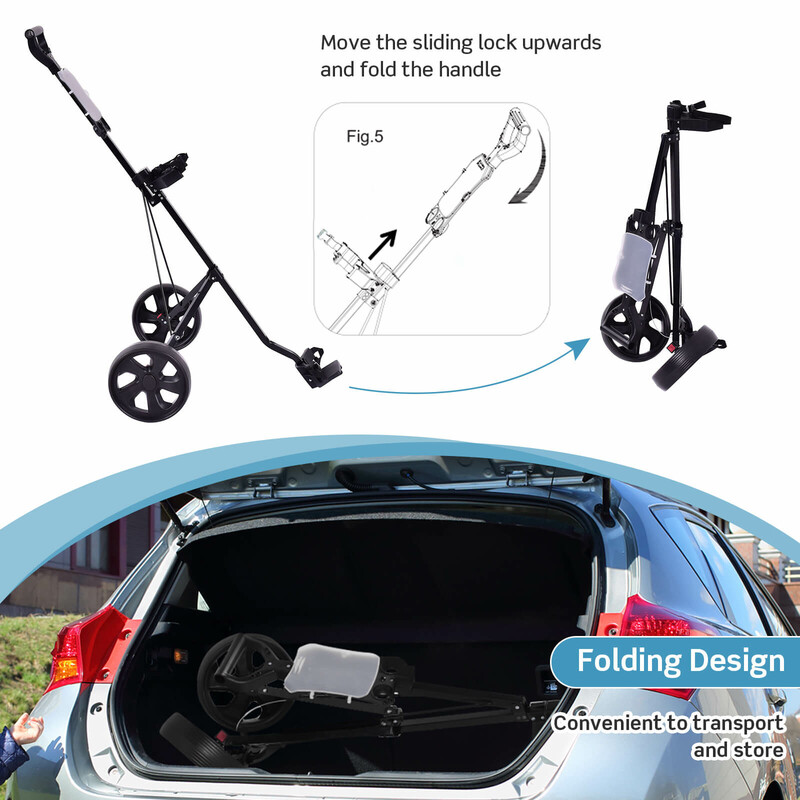 Sammenklappelig to-hjulet golfvogn med stålramme sort 24 cm hjul resultattavle