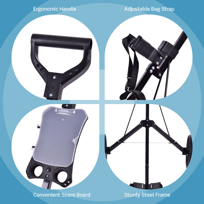 Sammenklappelig to-hjulet golfvogn med stålramme sort 24 cm hjul resultattavle