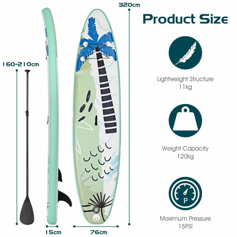 Oppustelig SUP bræt PVC 320x76x15 cm grøn inkluderet justerbar aluminiumpaddel