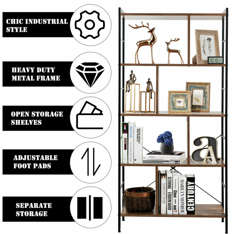 Boghylde med fem hylder sort metalram brun spånplade 74x30x154 cm