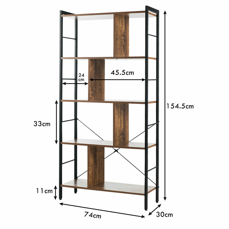 Boghylde med fem hylder sort metalram brun spånplade 74x30x154 cm