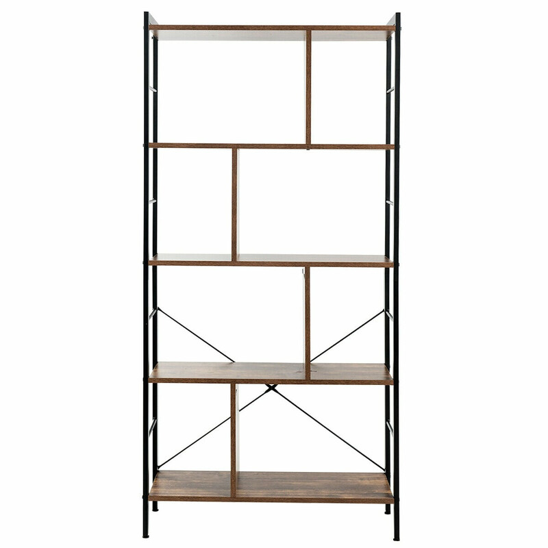 Boghylde med fem hylder sort metalram brun spånplade 74x30x154 cm