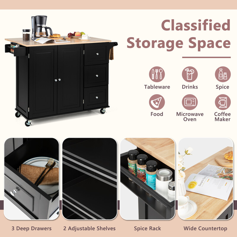 Sort køkkenvogn med gummietræ arbejdsflade foldbart drypblad opbevaring 135x76x91 cm