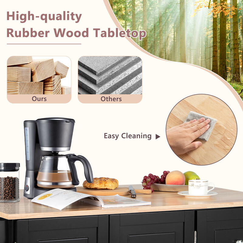 Sort køkkenvogn med gummietræ arbejdsflade foldbart drypblad opbevaring 135x76x91 cm