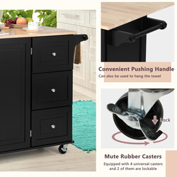 Sort køkkenvogn med gummietræ arbejdsflade foldbart drypblad opbevaring 135x76x91 cm