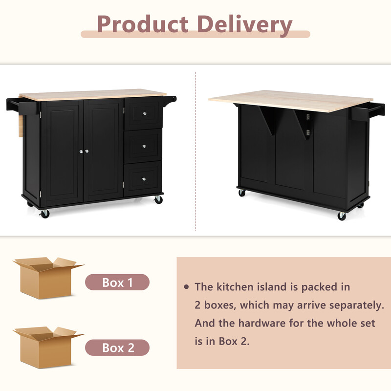 Sort køkkenvogn med gummietræ arbejdsflade foldbart drypblad opbevaring 135x76x91 cm