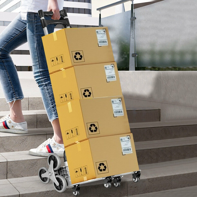 Sammenklappelig trappevogn i aluminium med justerbart håndtag og klatrehjul