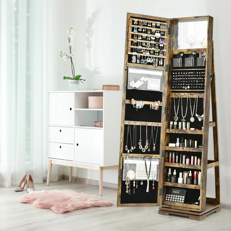 Smykkeskab brun MDF med spejl 39x39x161 cm og hylder