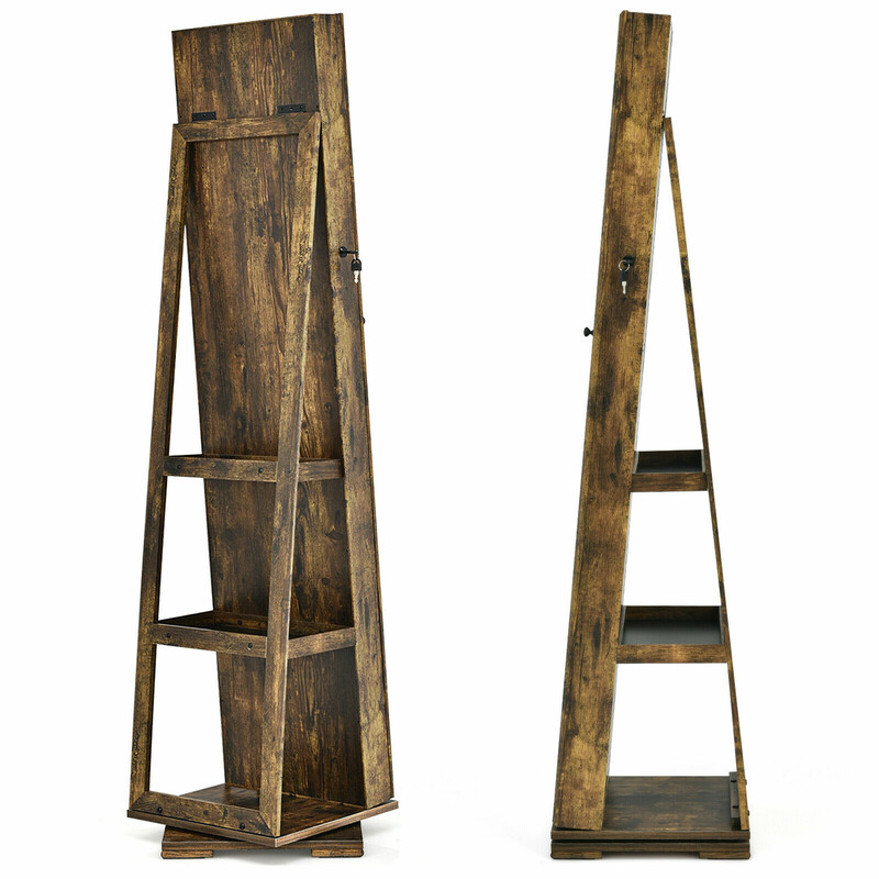 Smykkeskab brun MDF med spejl 39x39x161 cm og hylder