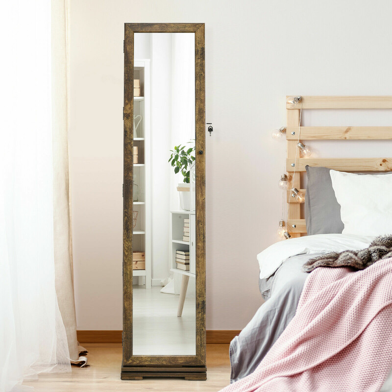 Smykkeskab brun MDF med spejl 39x39x161 cm og hylder