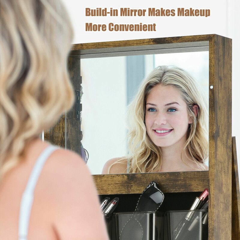 Smykkeskab brun MDF med spejl 39x39x161 cm og hylder