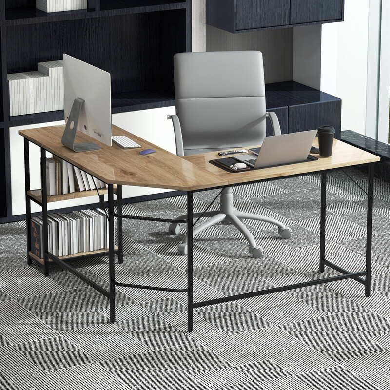 L-formet skrivebord træskive og stål 138x60x75 cm med hylder