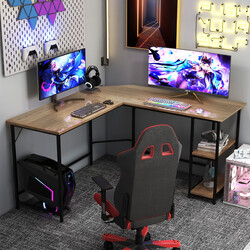 L-formet skrivebord træskive og stål 138x60x75 cm med hylder