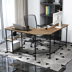 L-formet skrivebord træskive og stål 138x60x75 cm med hylder