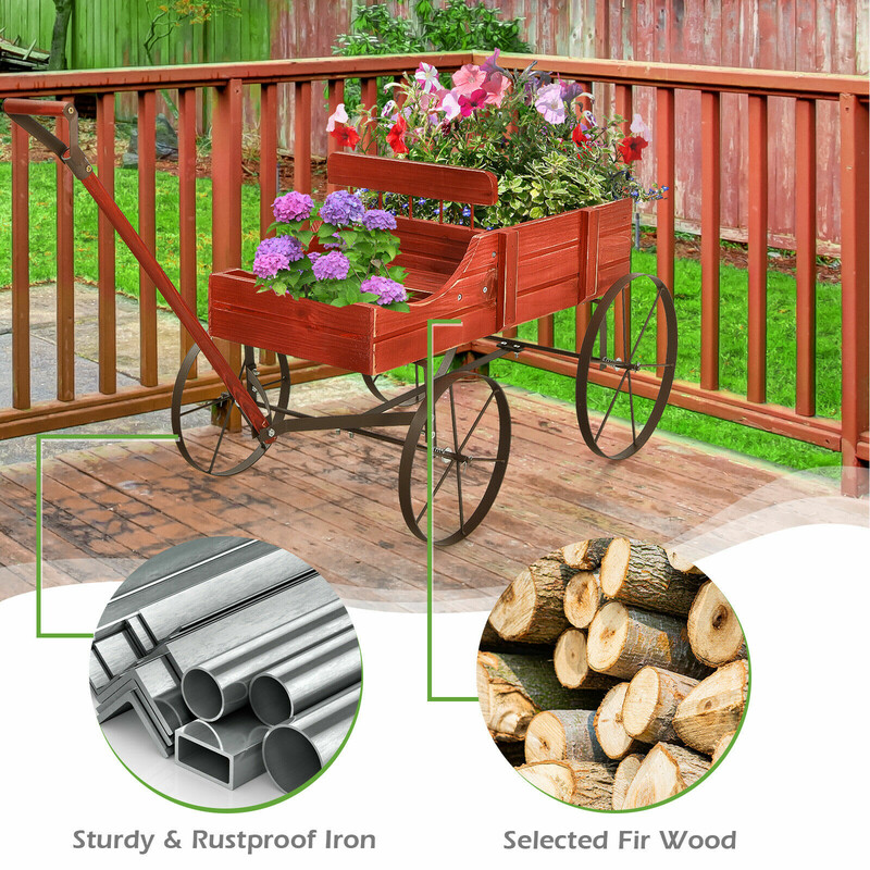 Rød blomvogn i tannetræ og metal 62x34x60 cm 2 plantepladser