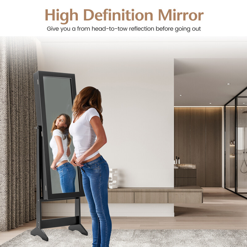 Smykkeskab med helkropsspejl sort MDF justerbar vinkel 35x30x144 cm