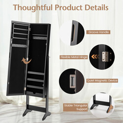 Smykkeskab med helkropsspejl sort MDF justerbar vinkel 35x30x144 cm