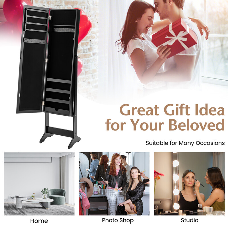 Smykkeskab med helkropsspejl sort MDF justerbar vinkel 35x30x144 cm