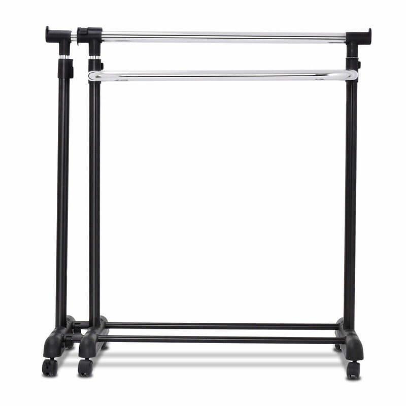 Justerbart tøjstativ med hjul to hylder sort