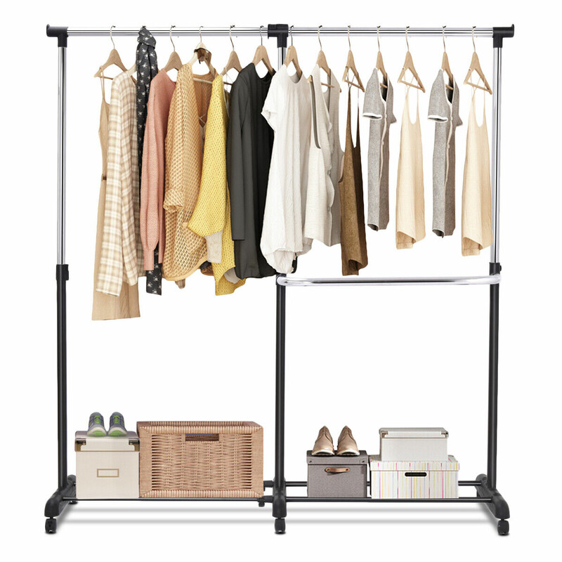 Justerbart tøjstativ med hjul to hylder sort