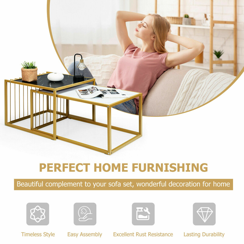 Bordsæt faux-marmor sort/hvid 80x53 cm stabelbar metalramme