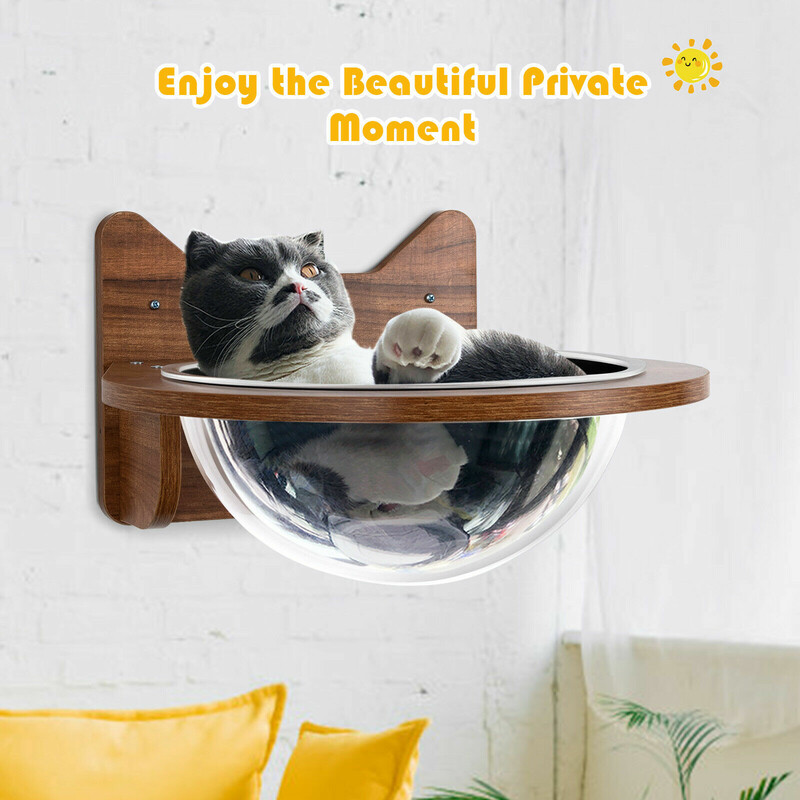Vægmonteret katteleje i træ med transparent kuppel brun 40x40x23 cm