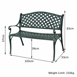 Havebænk i støbealuminium antikgrøn 103x55x82 cm med armstøtte til 2-3 personer