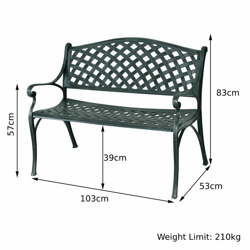 Havebænk i støbealuminium antikgrøn 103x55x82 cm med armstøtte til 2-3 personer