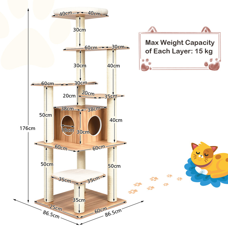 Katteklatretræ 175 cm spånplade med kløpæle og gemmested