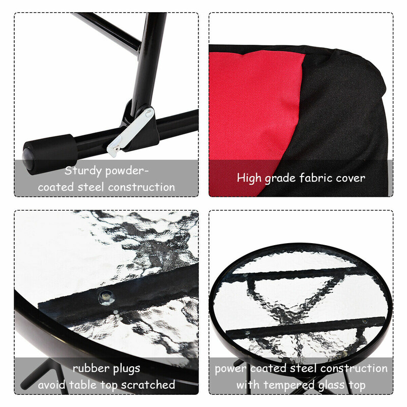 Gyngestole sæt 2 stk med sidebord rød sort stålram udendørs