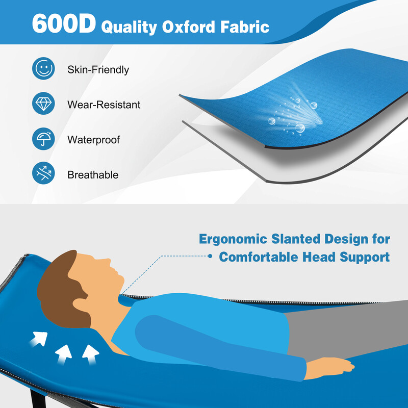 Campingseng blå metal og oxford 190x70x54 cm med hovedstøtte