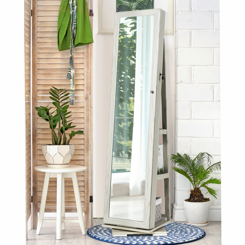 Roterende smykkeskab i hvid MDF med spejl og opbevaring 39x39x161 cm