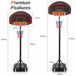 Basketballkurv justerbar HDPE og stål rød sort indendørs udendørs 155-210 cm