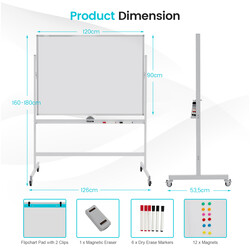 Mobil dobbelt sided magnetisk whiteboard 120x90 cm justerbar højde 160-180 cm