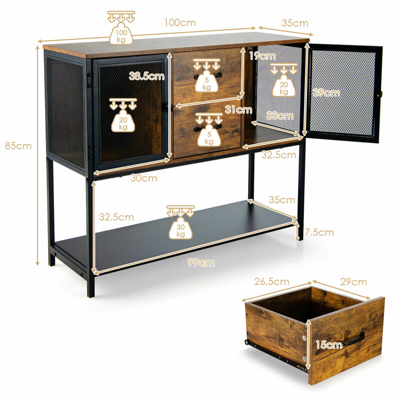 Industrielt sideskab MDF og stål 100x35x85 cm med skuffer og gitterdøre