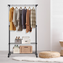 Sort justerbart tøjstativ med hjul skohylde 84 x 42 cm 92‑168 cm