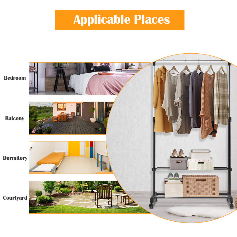 Sort justerbart tøjstativ med hjul skohylde 84 x 42 cm 92‑168 cm