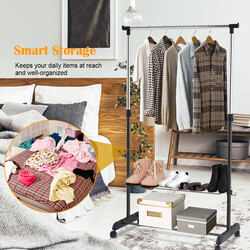 Sort justerbart tøjstativ med hjul skohylde 84 x 42 cm 92‑168 cm