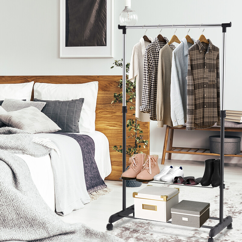 Sort justerbart tøjstativ med hjul skohylde 84 x 42 cm 92‑168 cm