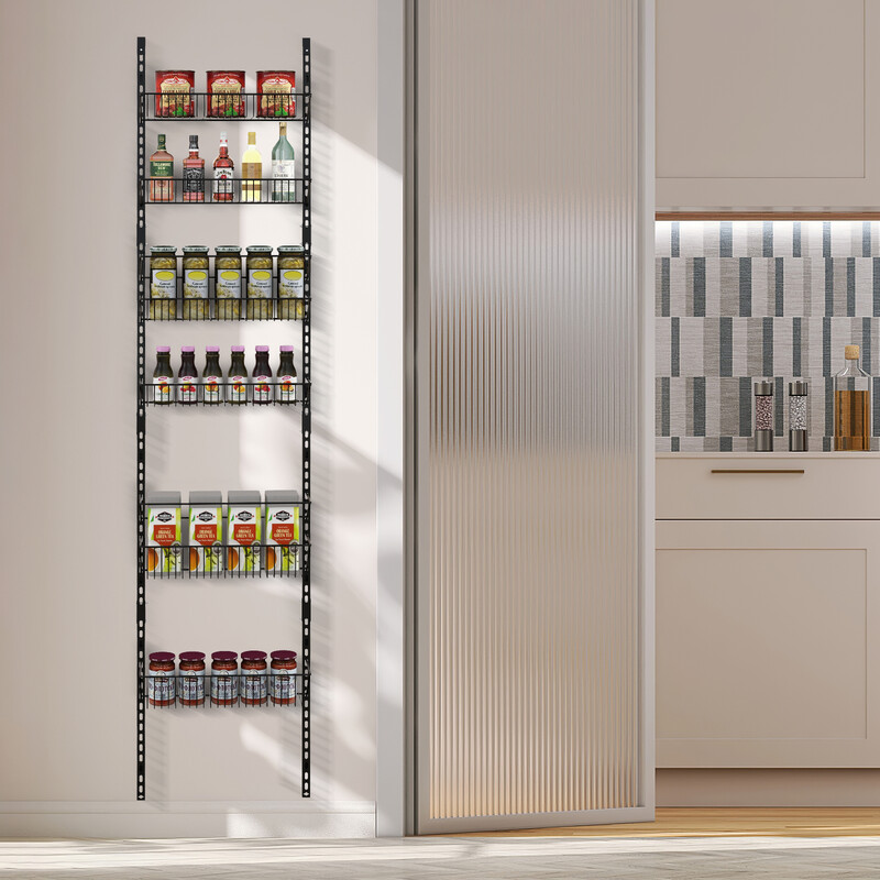 Dørhængt jernopbevaringsorganizer med seks højdejusterbare kurve sort