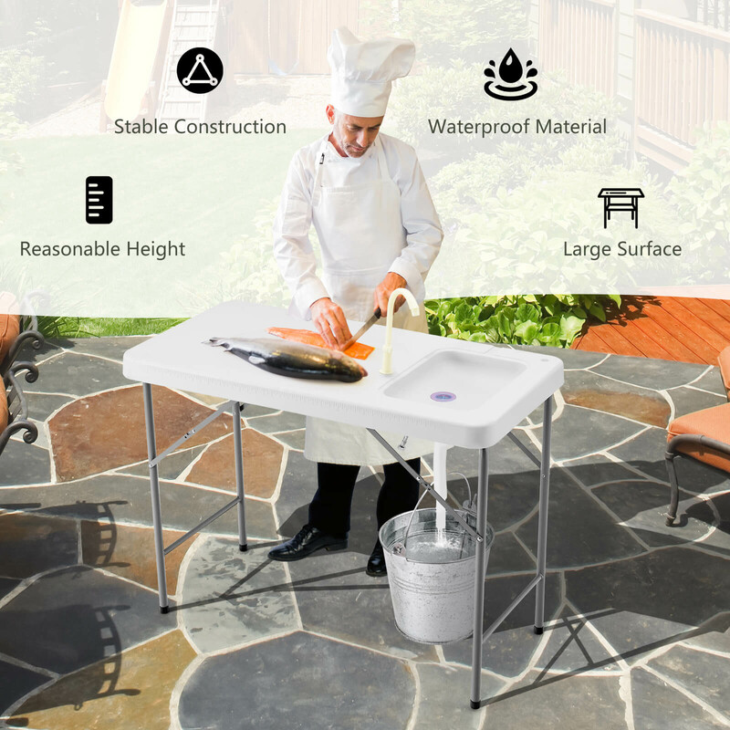 Sammenfoldeligt fiskerarbejdsbord i hvidt HDPE og stål 115x59 cm med hane