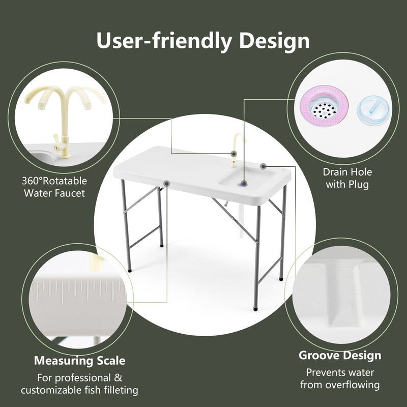 Sammenfoldeligt fiskerarbejdsbord i hvidt HDPE og stål 115x59 cm med hane