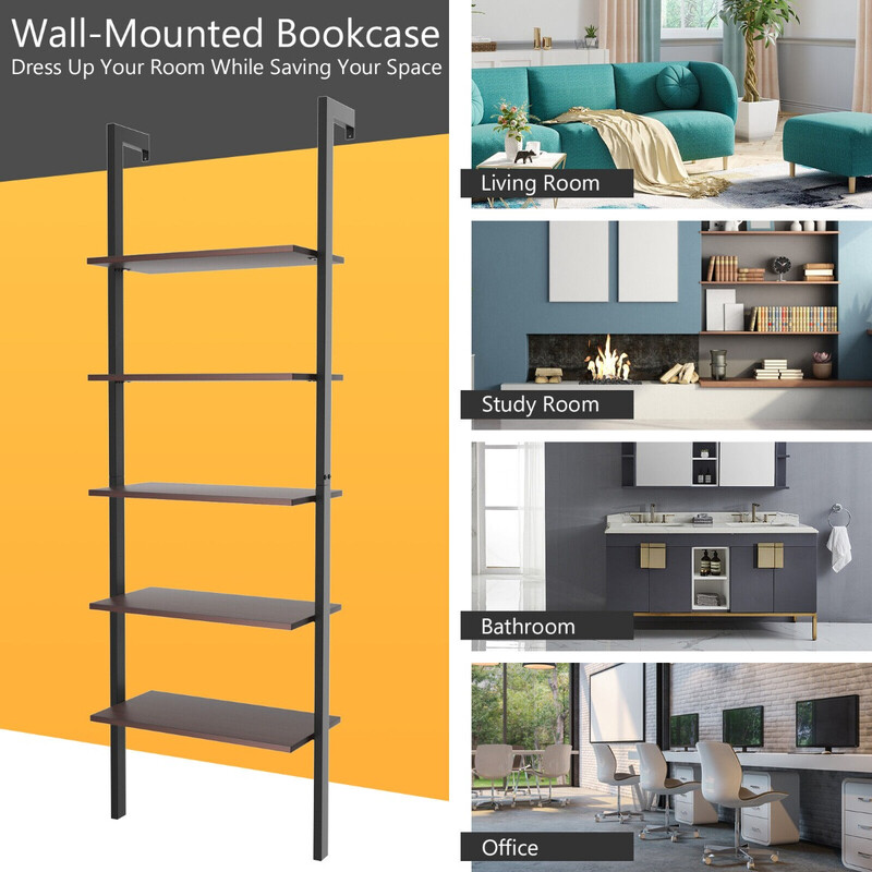 Væghylde i partikelplade og metalramme brun 61x30x183 cm 5 hylder